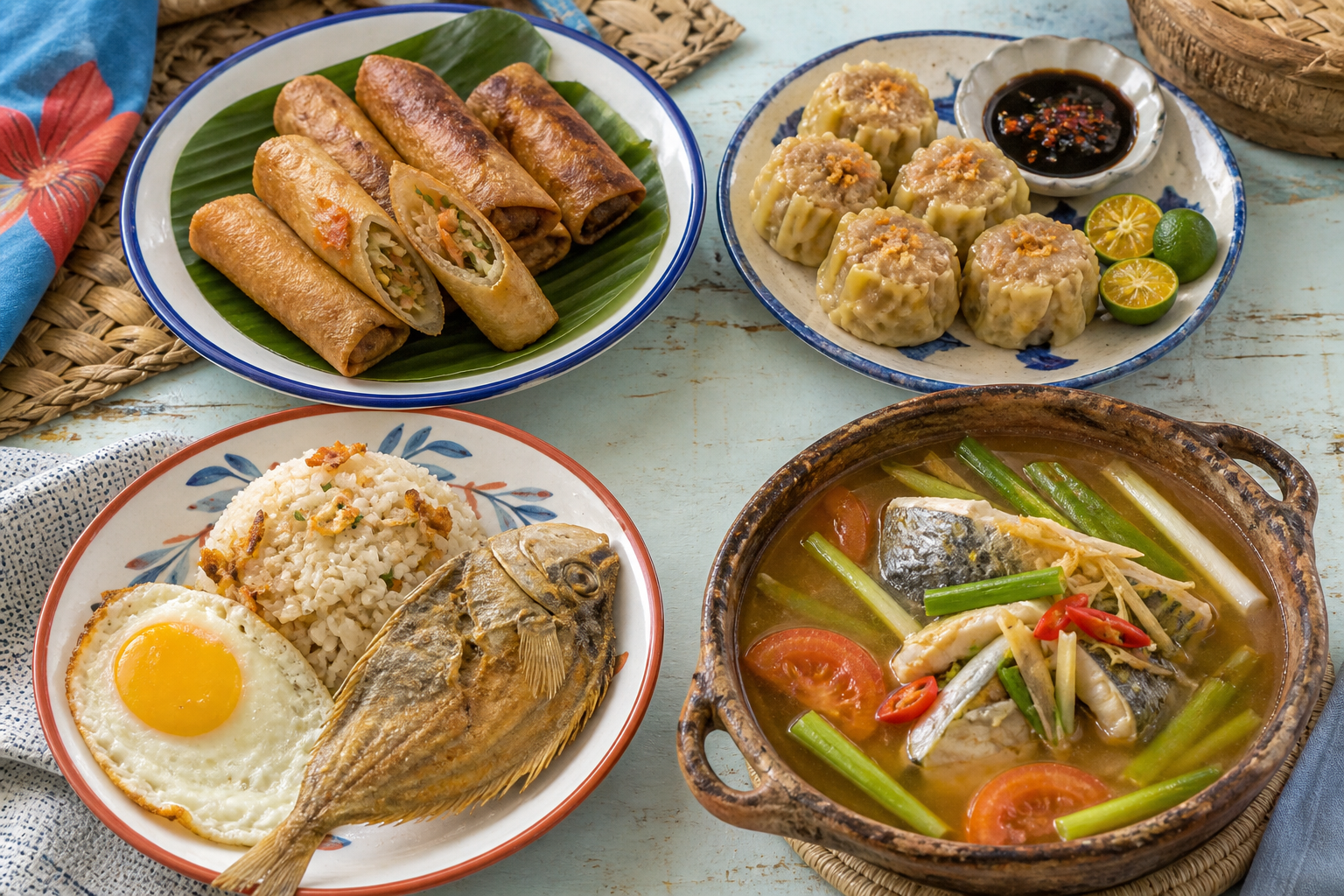 ンゴヒオン、シオマイ、ダンギット朝食、ラランを並べたセブの日常料理