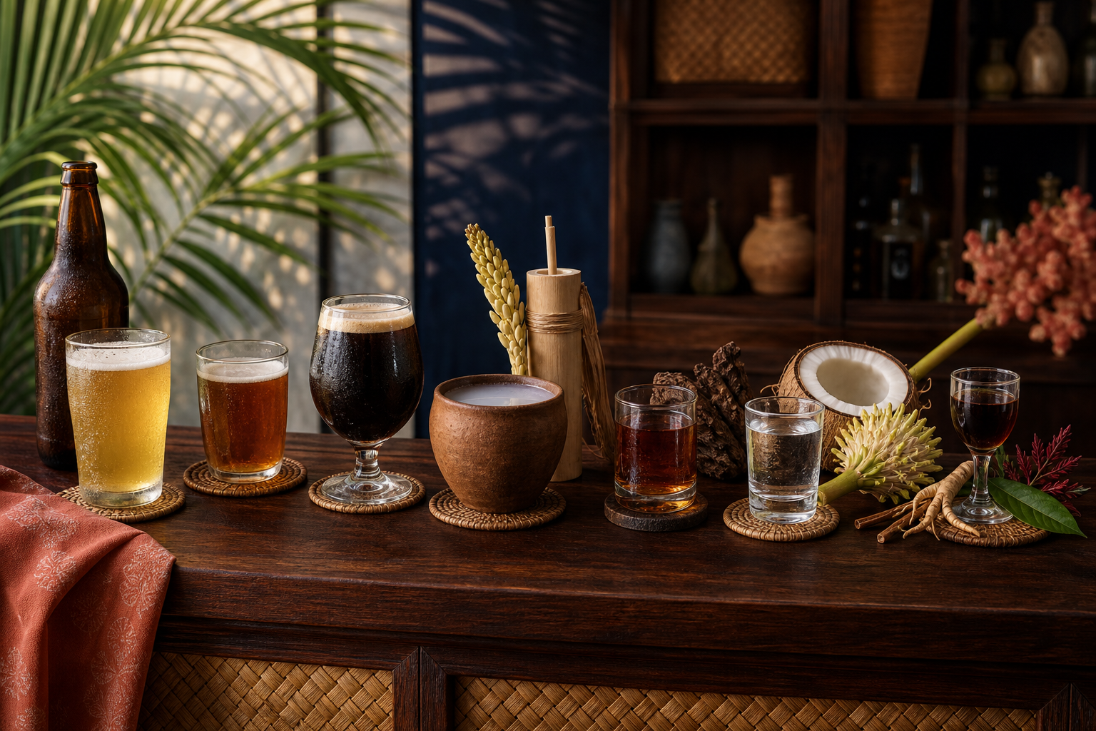 ビール、トゥバ、バハリナ、ランバノグ、薬草酒を並べたフィリピン酒類図鑑